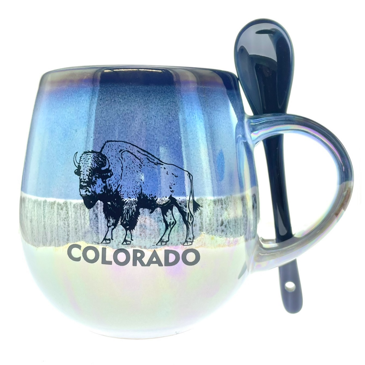 Round Colorado Buffalo Ceramic Mug w/Spoon Cobalt