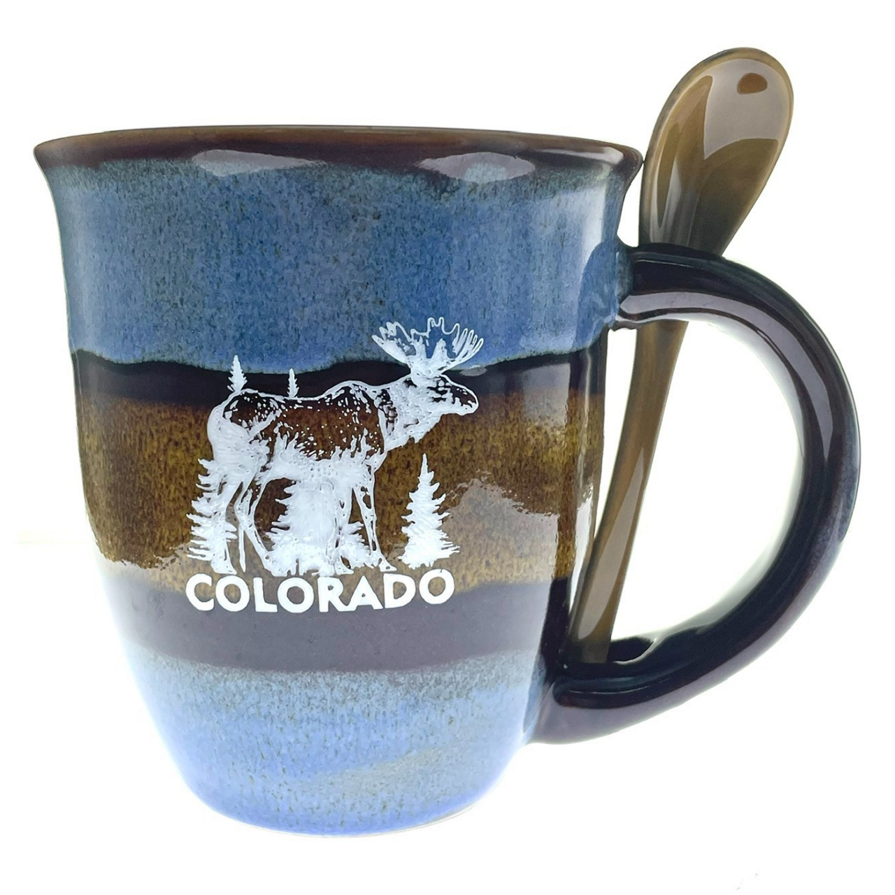 Flared Colorado Moose Ceramic Mug w/Spoon Blue